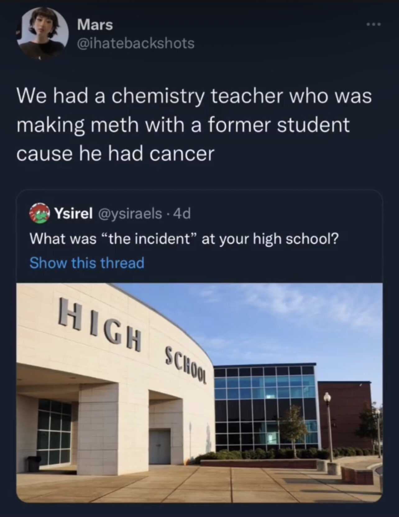 a twee picture of a building with a sign that says, we had a chemistry teacher who was making met with a former student cause he had cancer