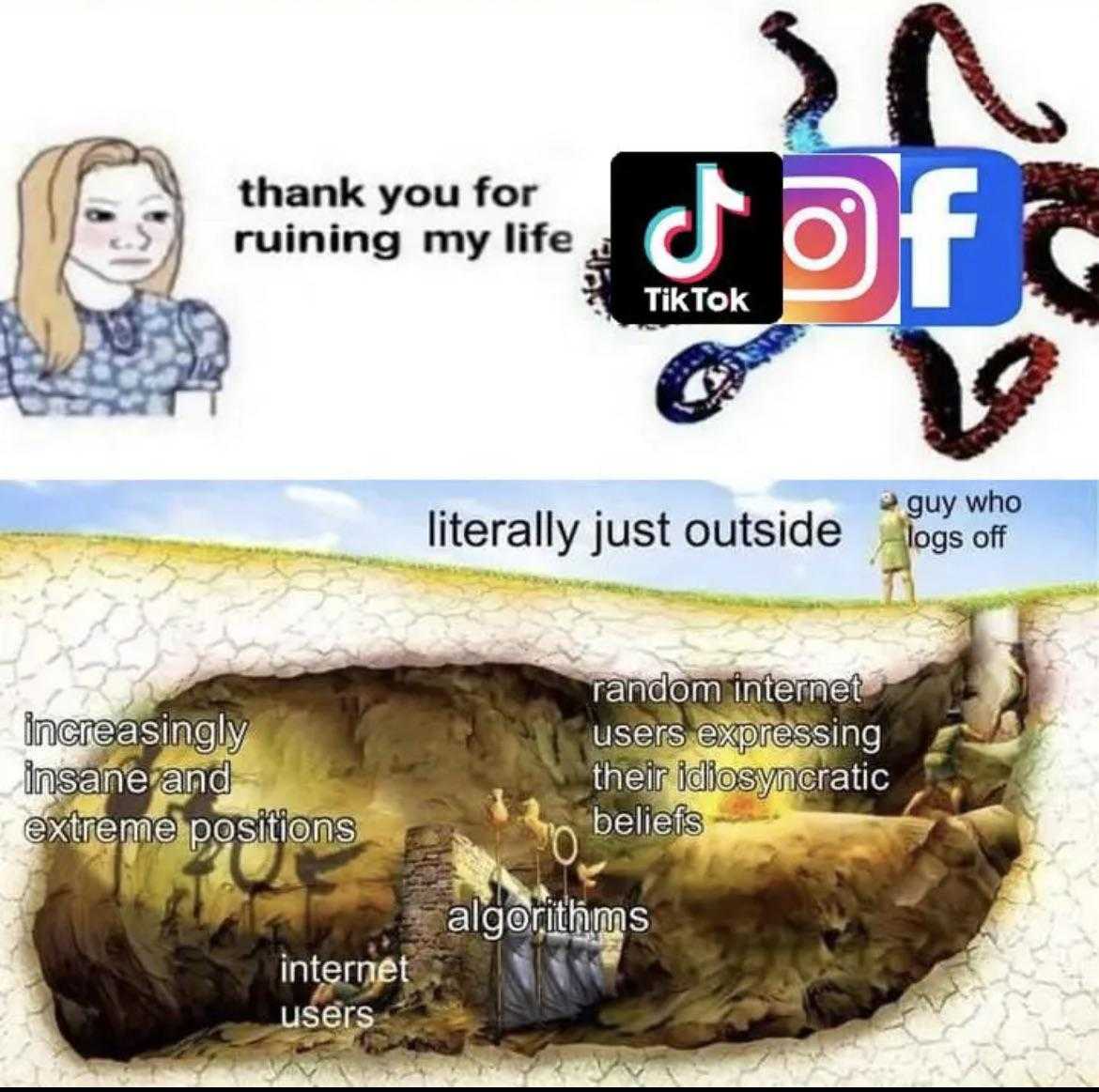 a cartoon picture of a woman sitting in a cave with a facebook logo