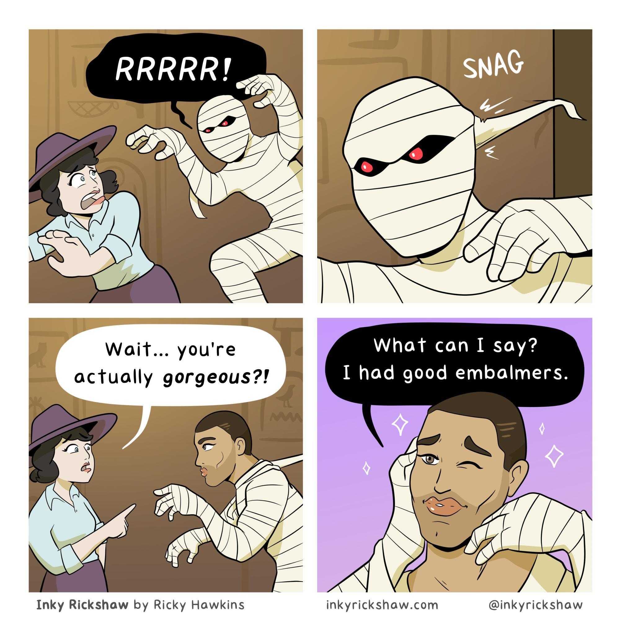 cartoon of a man in a mummy costume with a caption saying, wait you ' re actually gorgeous