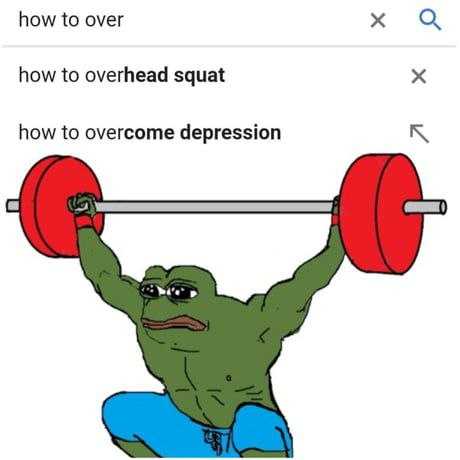 a cartoon frog lifting a barbell with a caption of how to over head squat