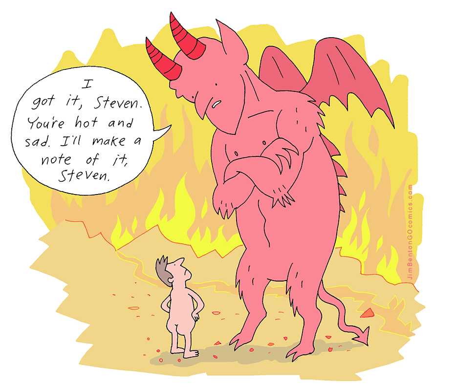 cartoon of a man and a demon standing in front of a fire