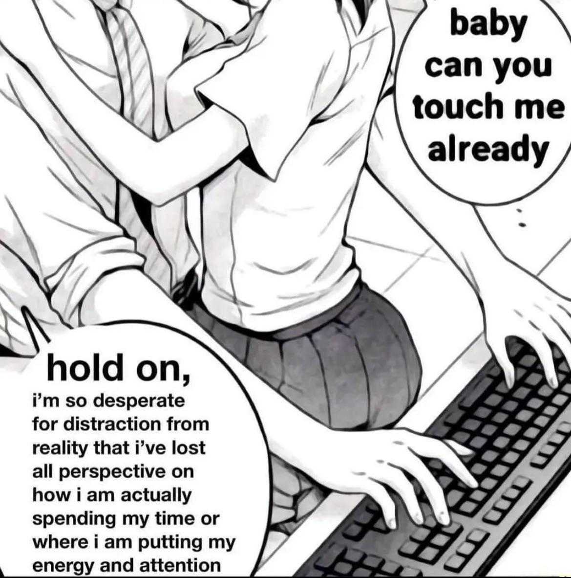 anime boy and girl kissing on a computer keyboard with a caption above