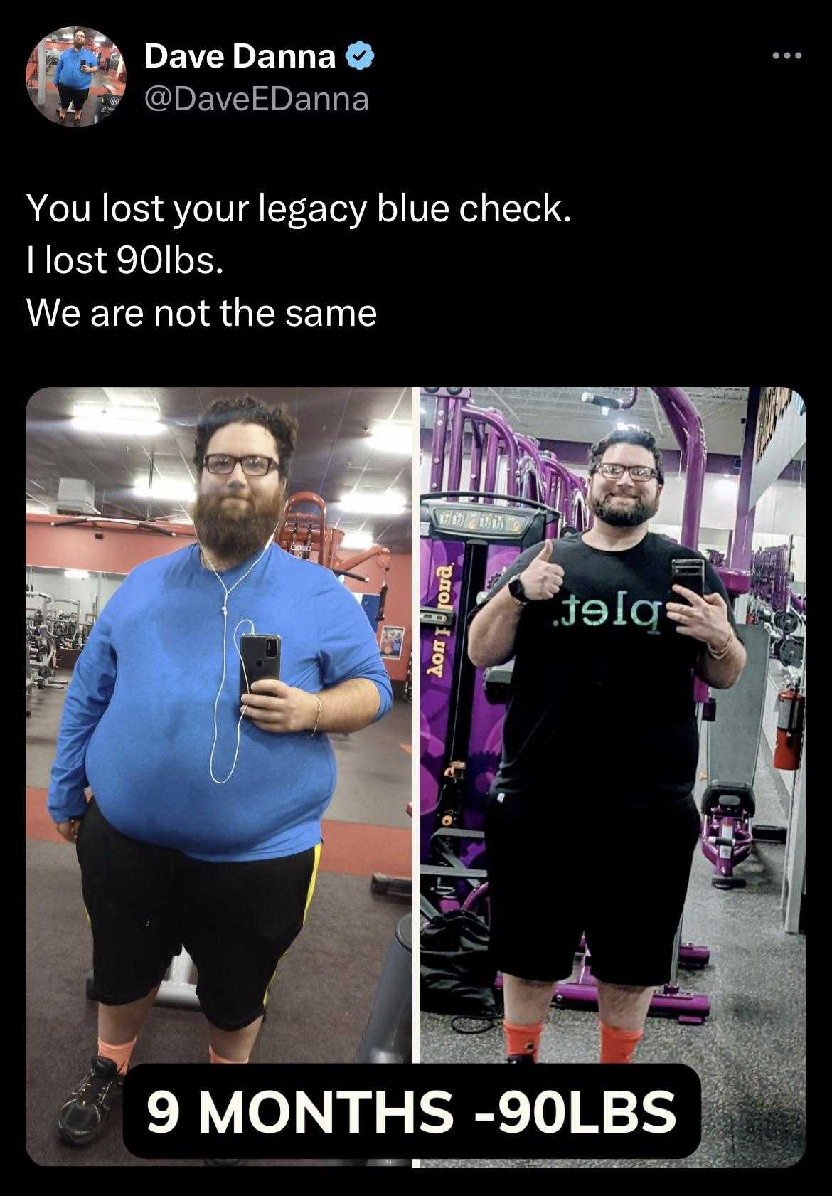 man in a gym with a cell phone and a picture of a man in a gym