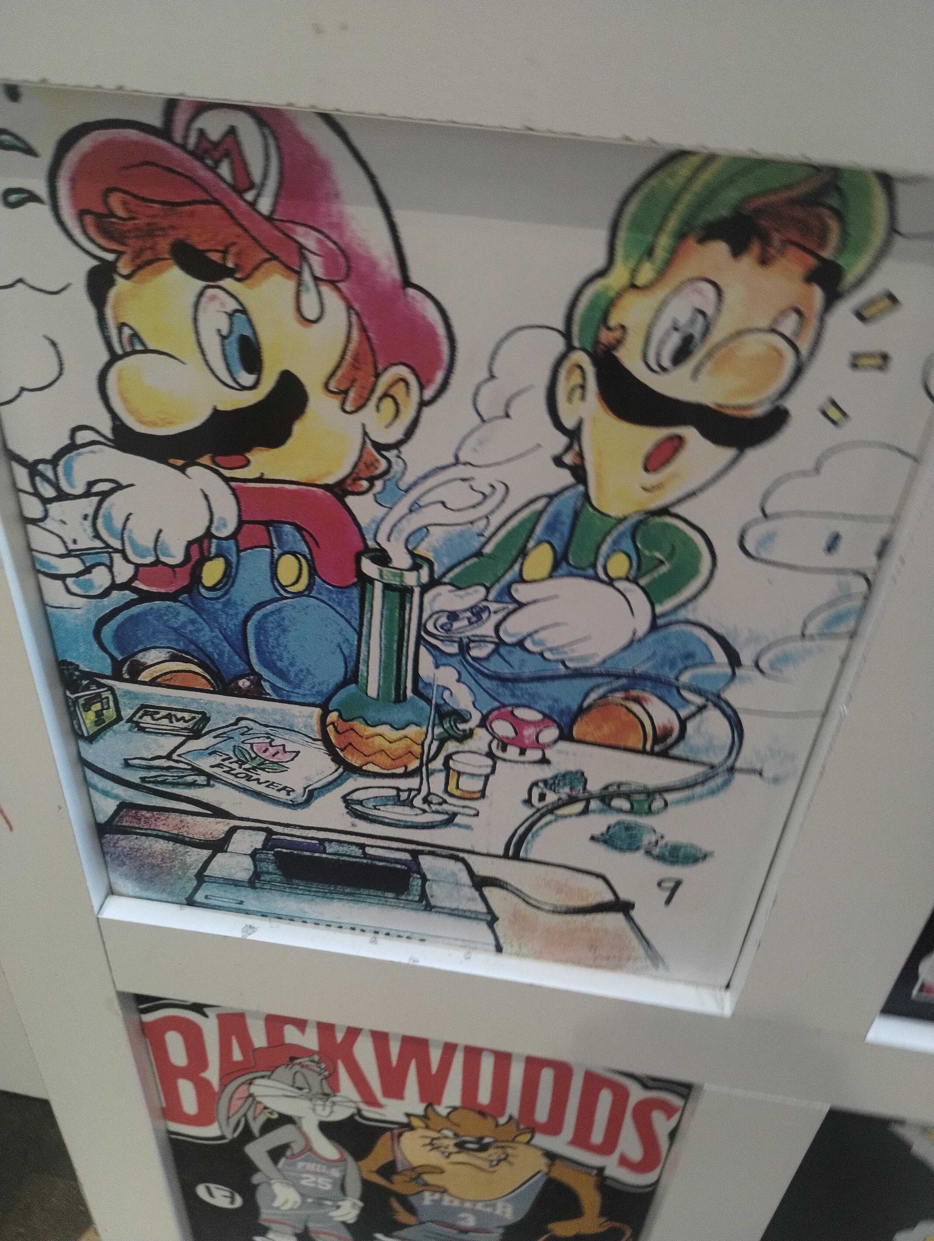 there are two cartoon characters on the back of a cabinet