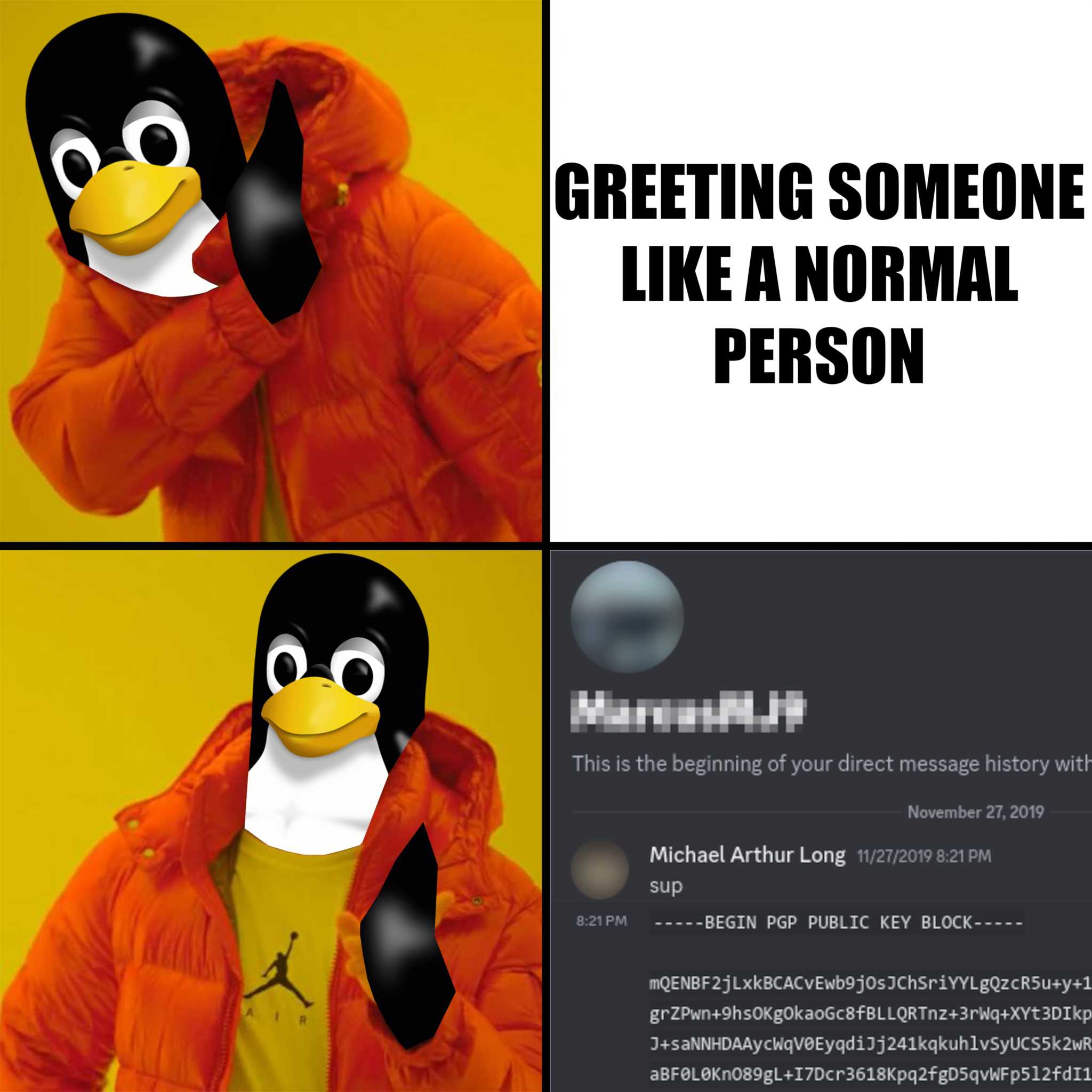 penguin in orange jacket with text greeting someone like a normal person