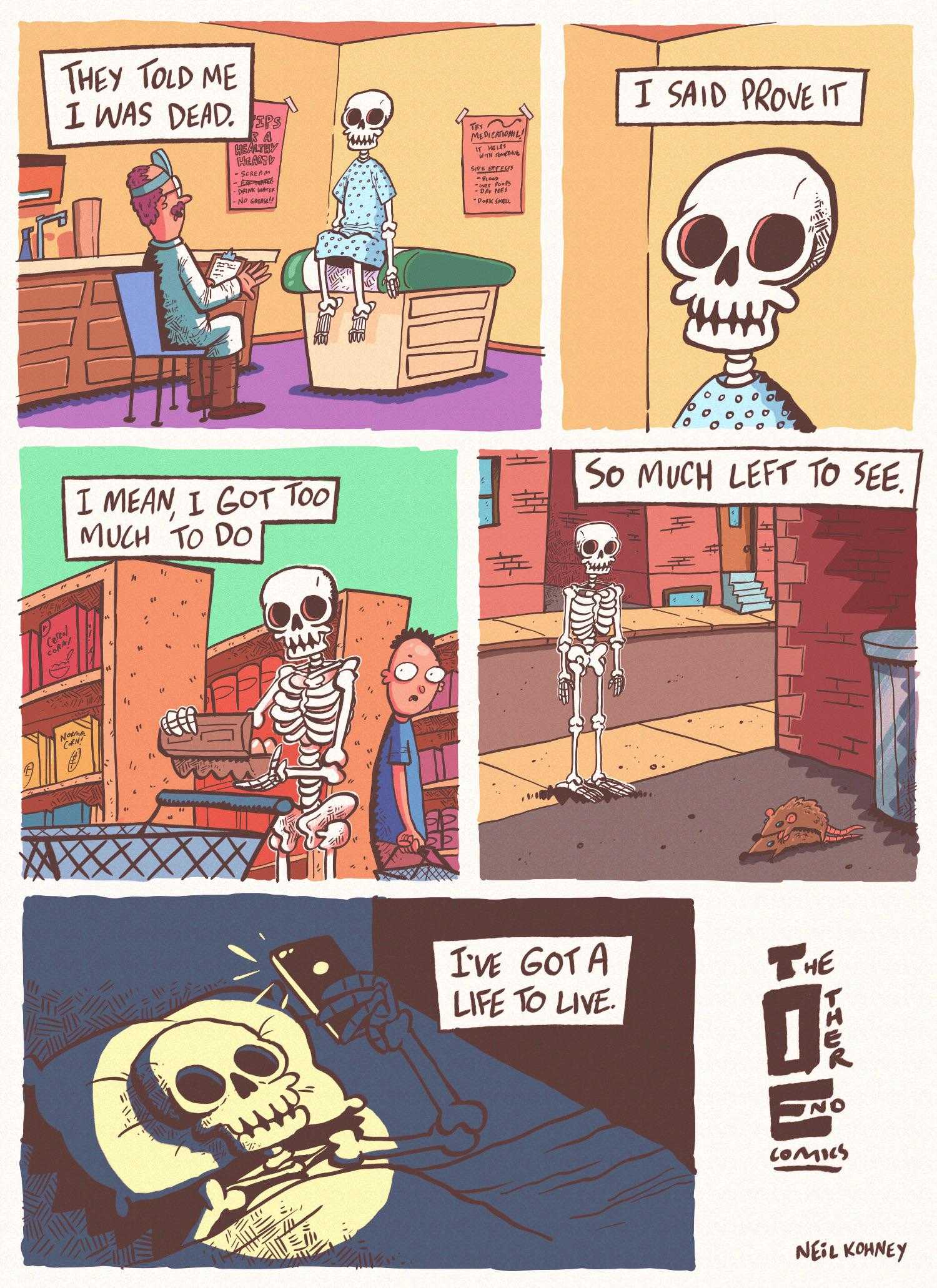 cartoon of a skeleton in a hospital room with a skeleton on the bed