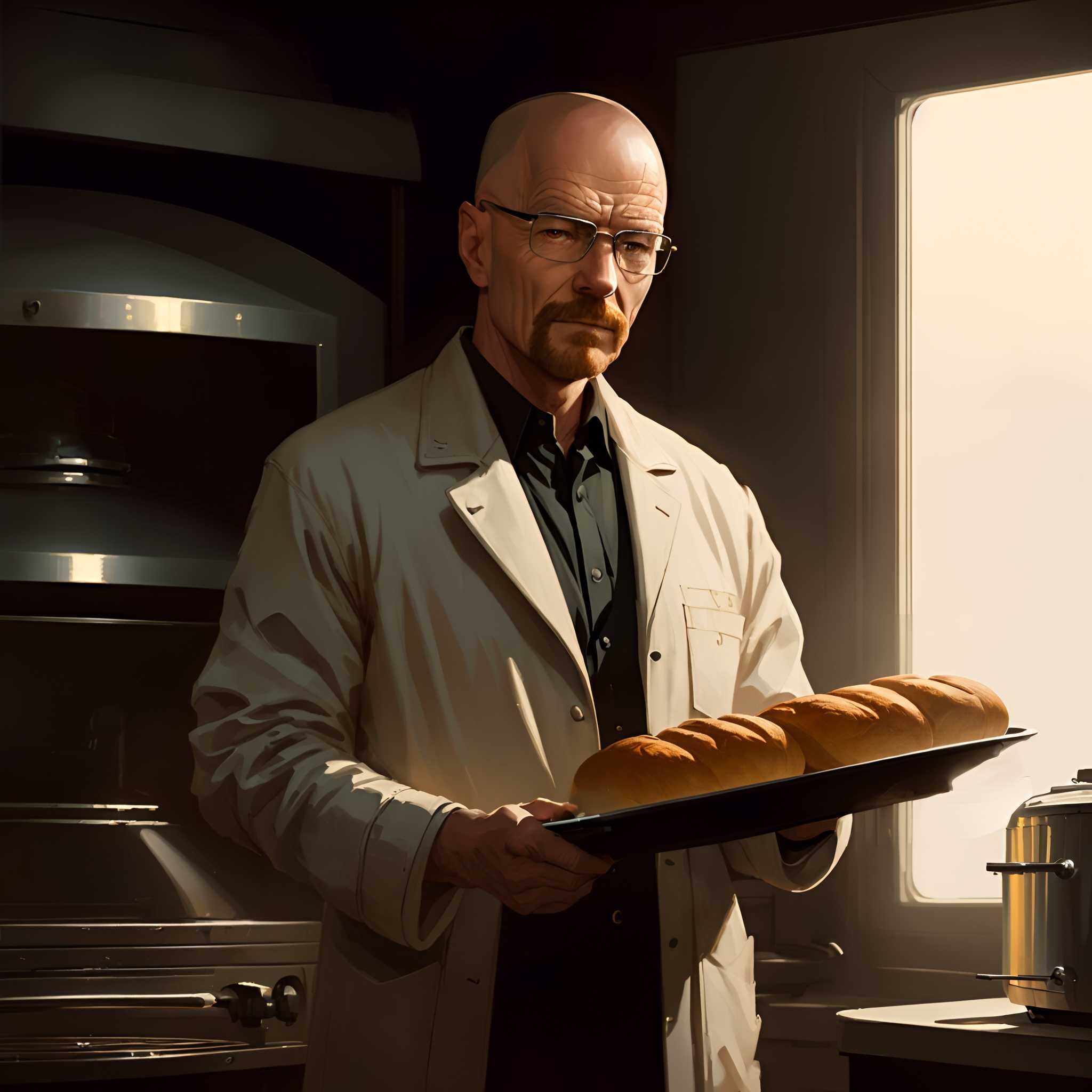 man in a lab coat holding a tray of bread