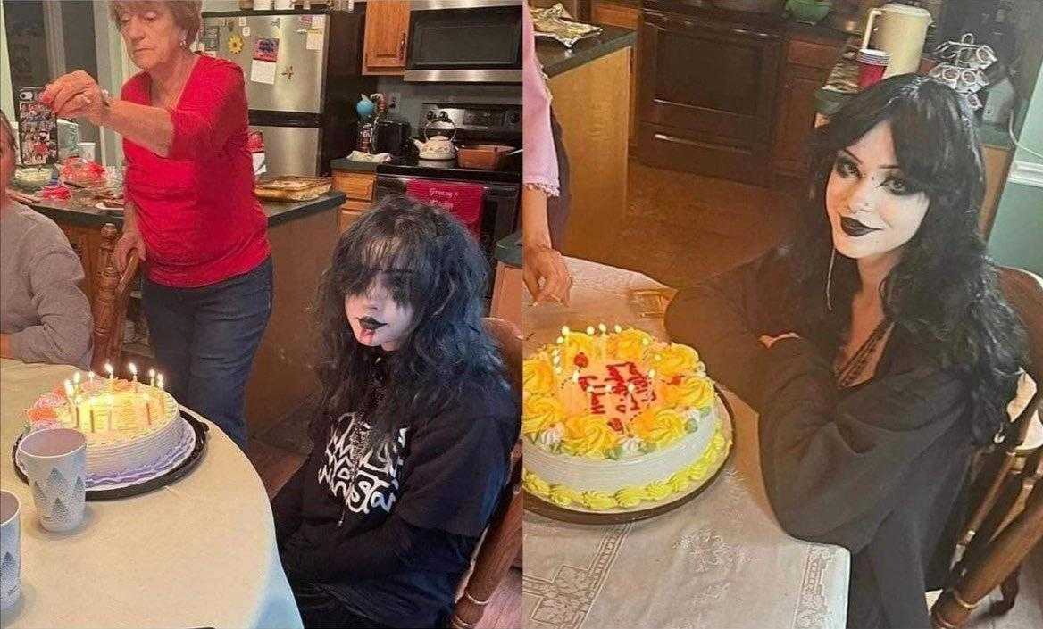 araffes with black hair and makeup sitting at a table with a cake