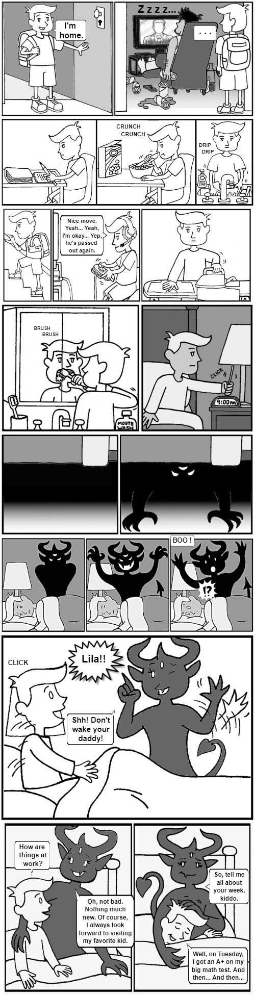 a comic strip with a cartoon cat and a cat in a room