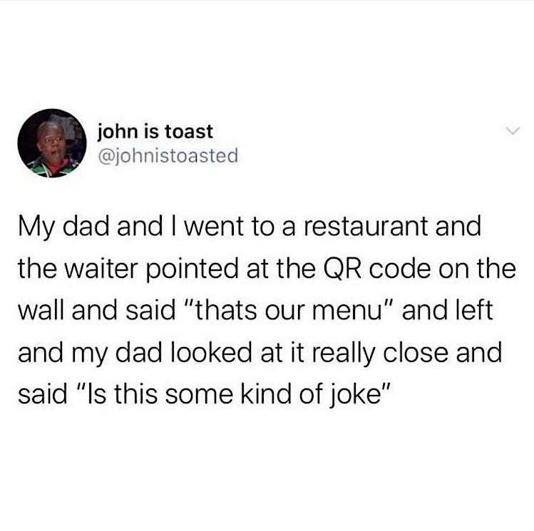 a tweet with a picture of a man in a restaurant and a quote about the restaurant