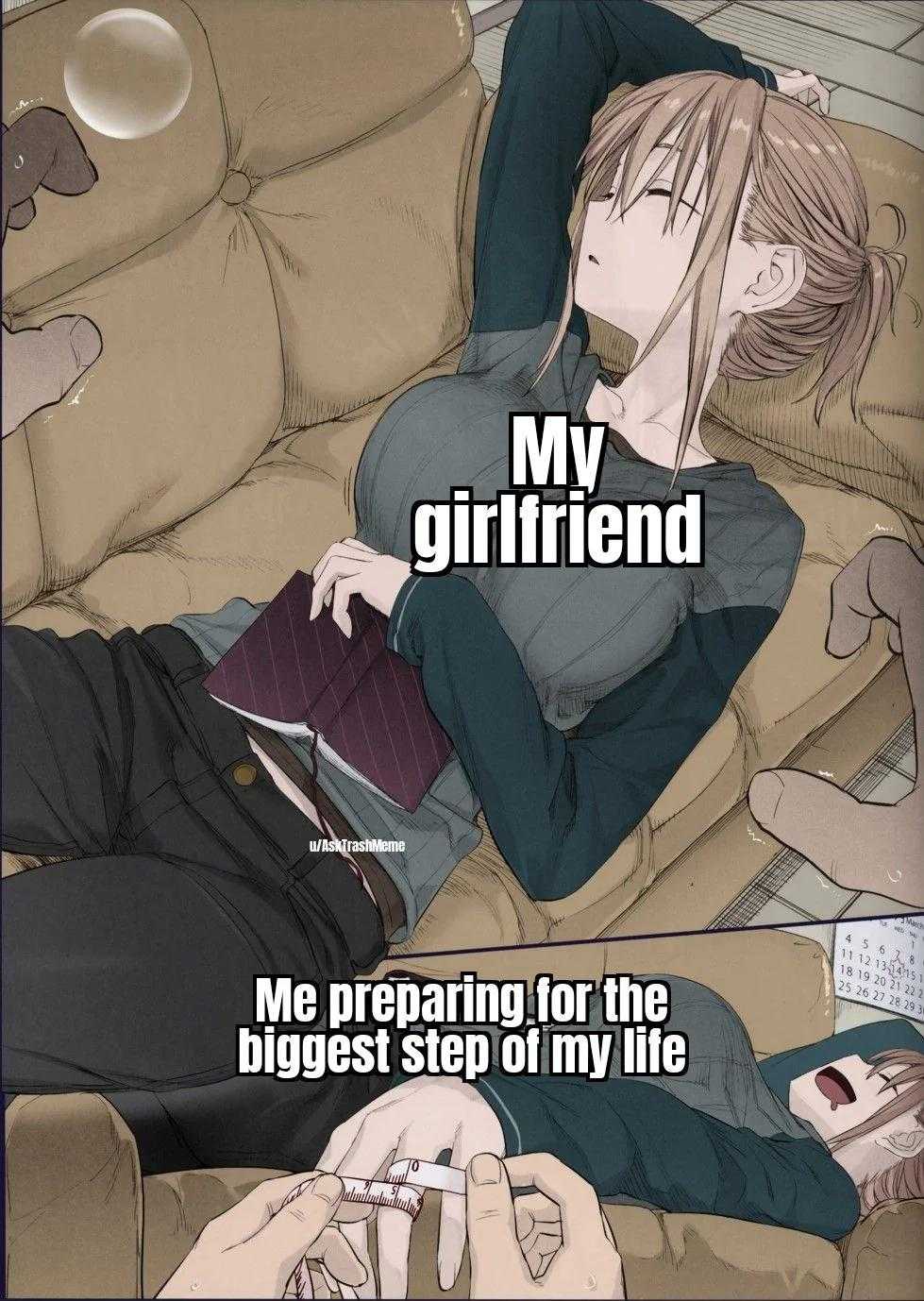 anime girl laying on couch with her boyfriend on her lap