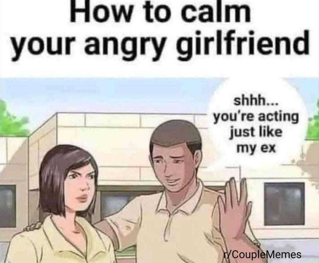 cartoon of a man and woman standing in front of a building with a sign saying how to calm your angry girlfriend