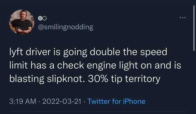 a tweet message from a man who is driving a car