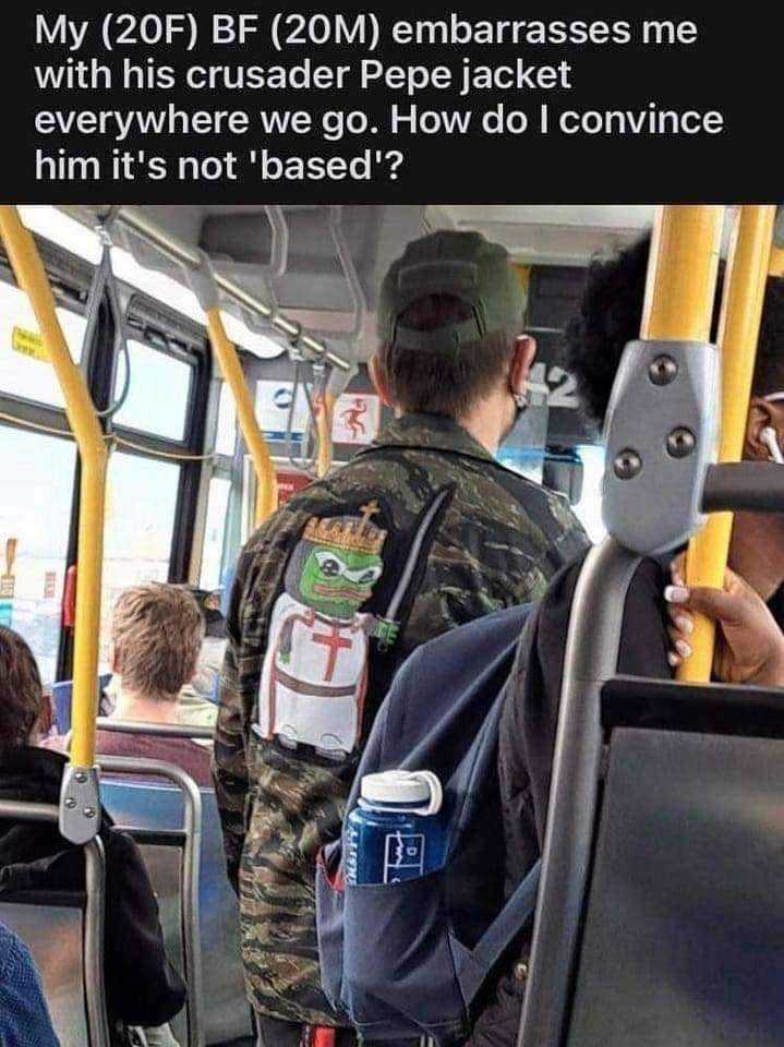 man in camouflage jacket on bus with back pack