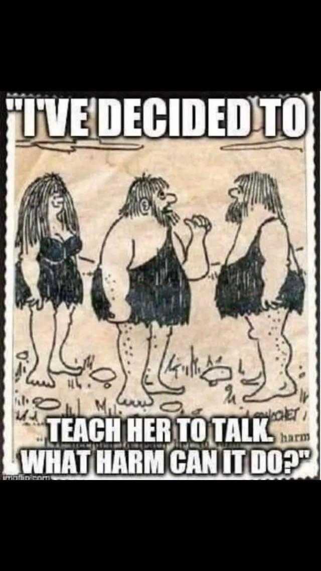 a cartoon drawing of three cave people with a caption saying i ' ve decided to teach her to talk