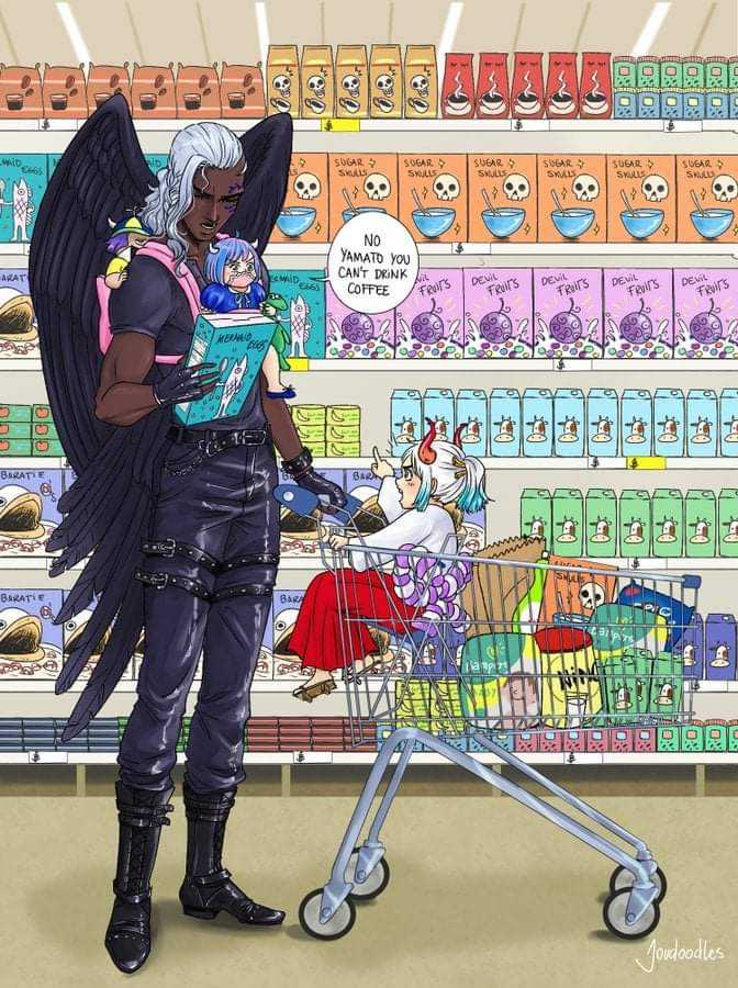 anime character with a shopping cart in a grocery store