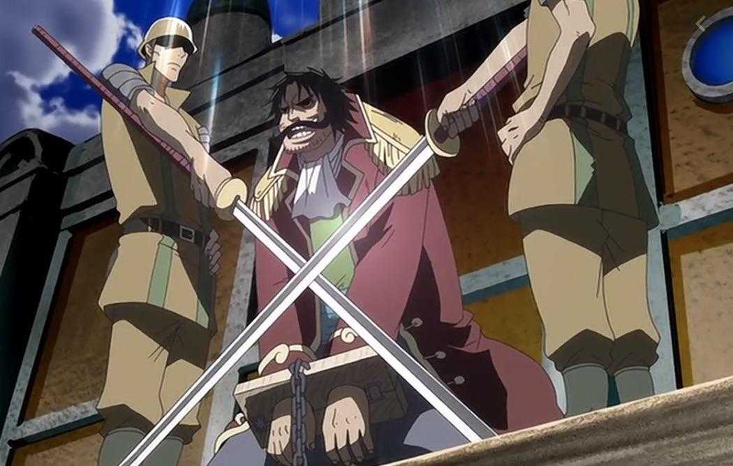 anime characters standing on a ledge with swords in front of a building