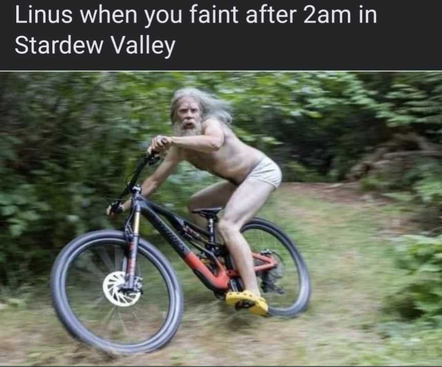 man riding a bike on a trail with a funny caption