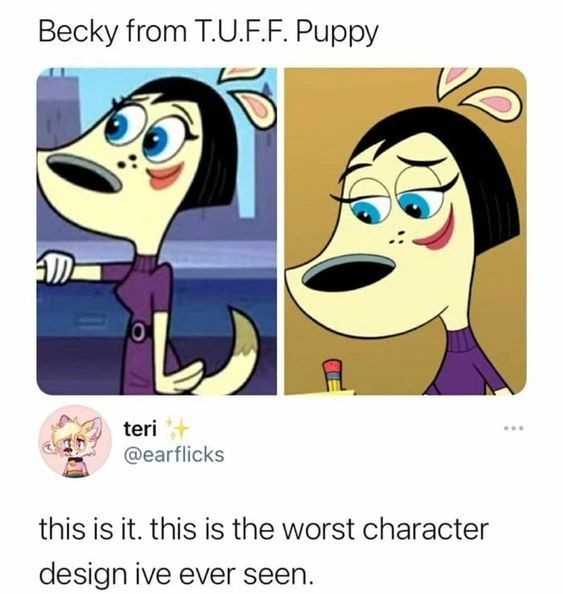 cartoon meme of a dog with a caption of a woman saying, ` this is the worst character