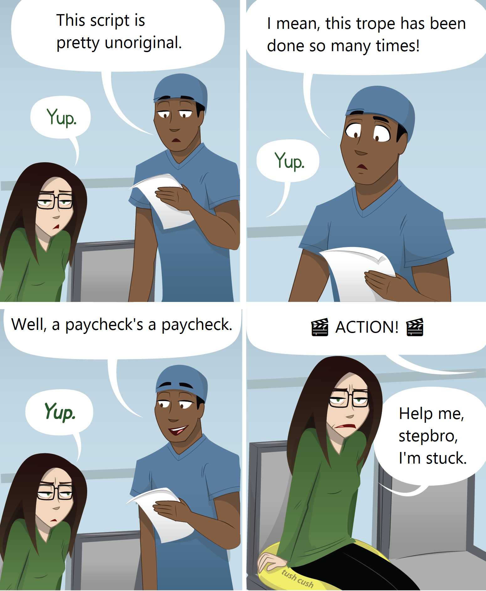 cartoon of a woman talking to a man about a job