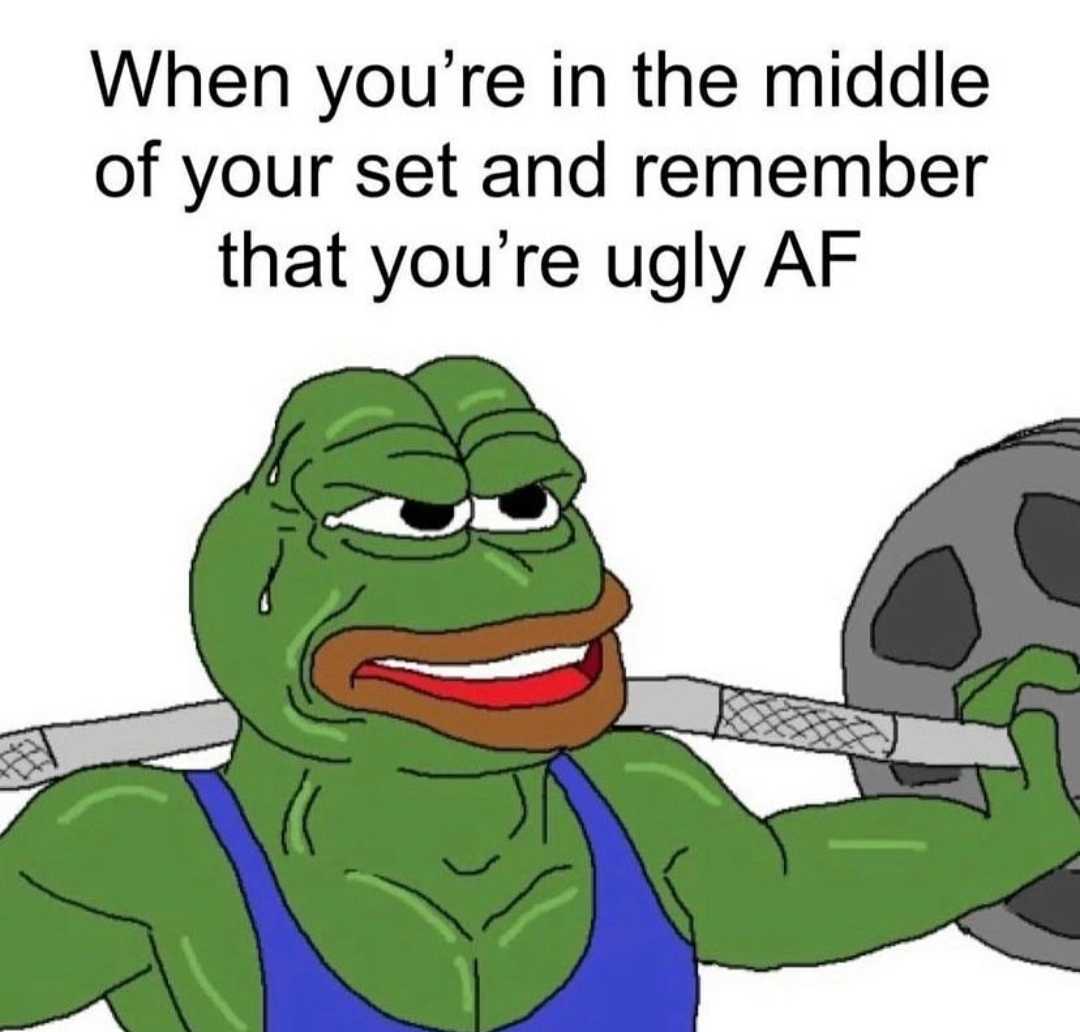 a cartoon frog lifting a barbell with a caption saying when you ' re in the middle of your