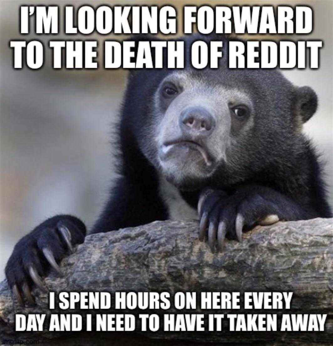 a bear is sitting on a log with a caption saying i ' m looking forward to the death of