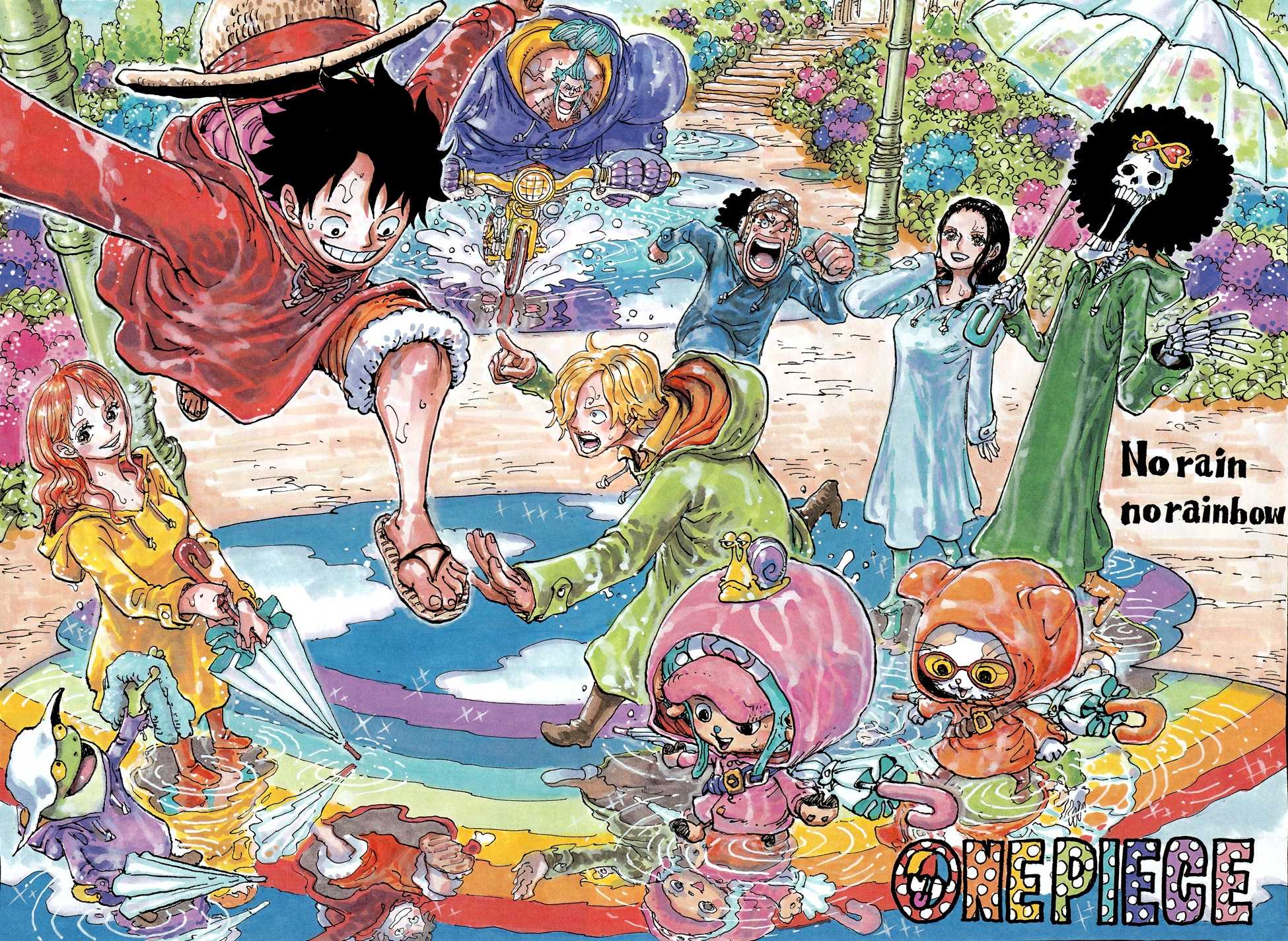 anime characters are gathered around a pool with a man in a hat