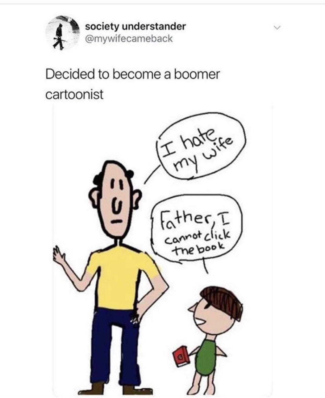 a cartoon of a man and a child with a caption saying it ' s not a joke