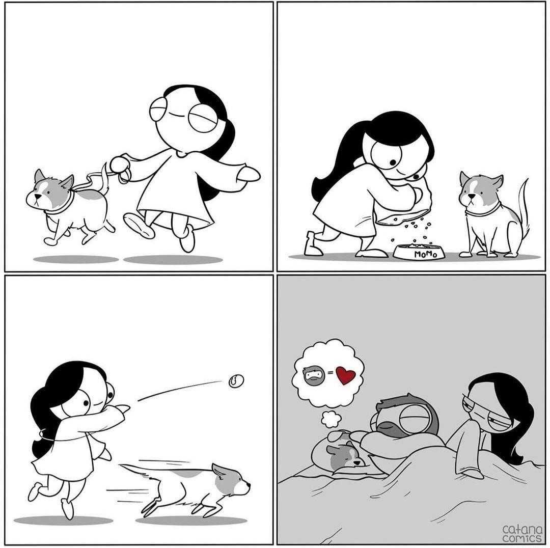 a cartoon of a woman playing with a cat and a dog