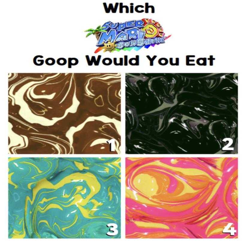 a group of four different colored marbles with the words which goo would you eat?