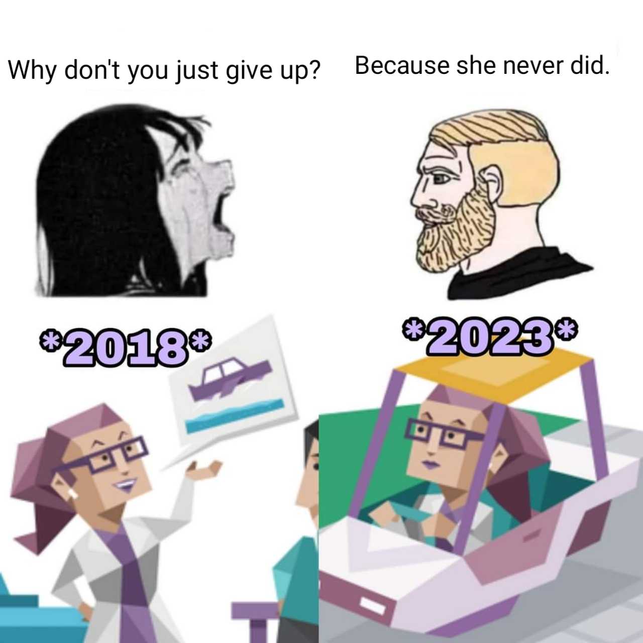 cartoon of a man and woman in a car with a sign saying why don ' t you just give up