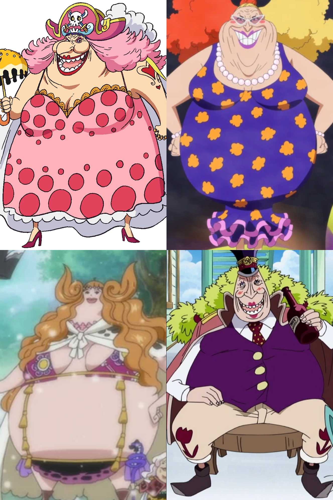 four cartoon characters of different ages and sizes are shown