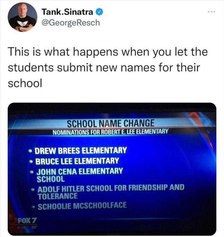 a twee message from a news reporter about the school ' s name change