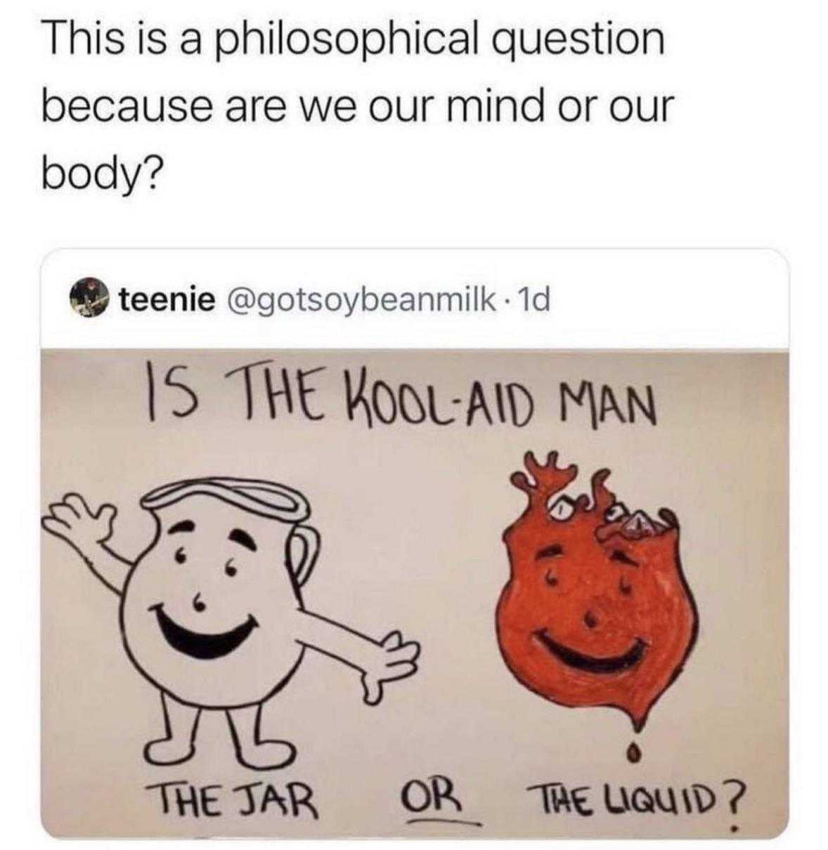 a drawing of a cartoon character and a heart with a caption that reads, this philosophical question because we