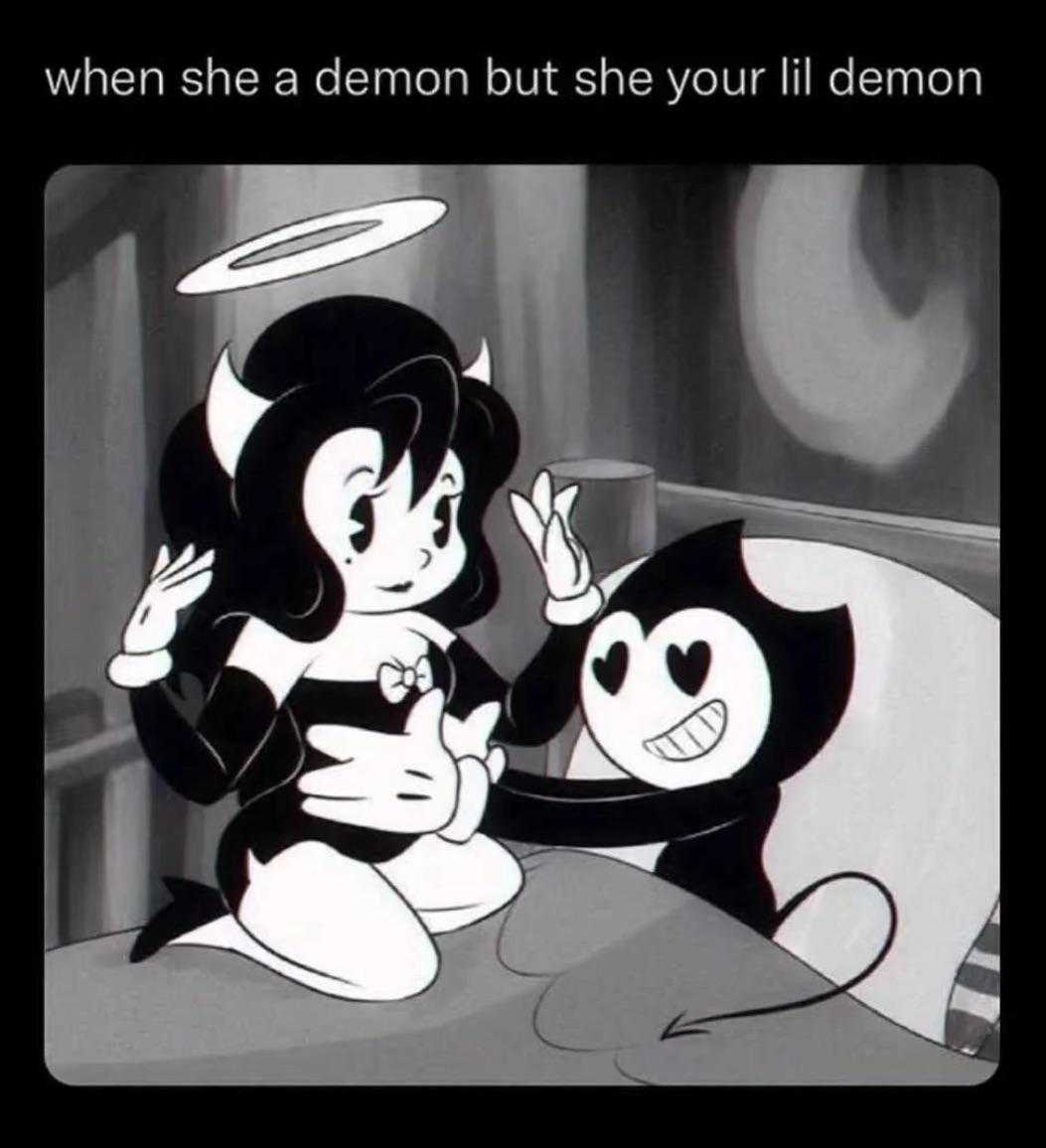 cartoon of a woman sitting on a bed with a devil on her lap