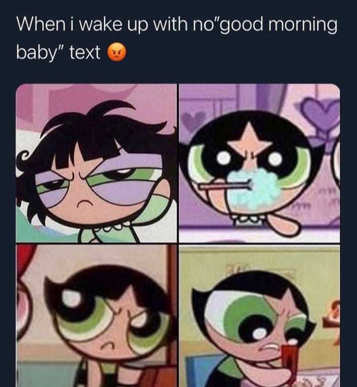 cartoon, meme, and when i wake up with no good morning baby text