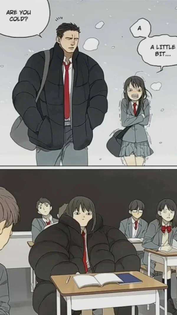 anime comics showing a man and a woman in school uniforms