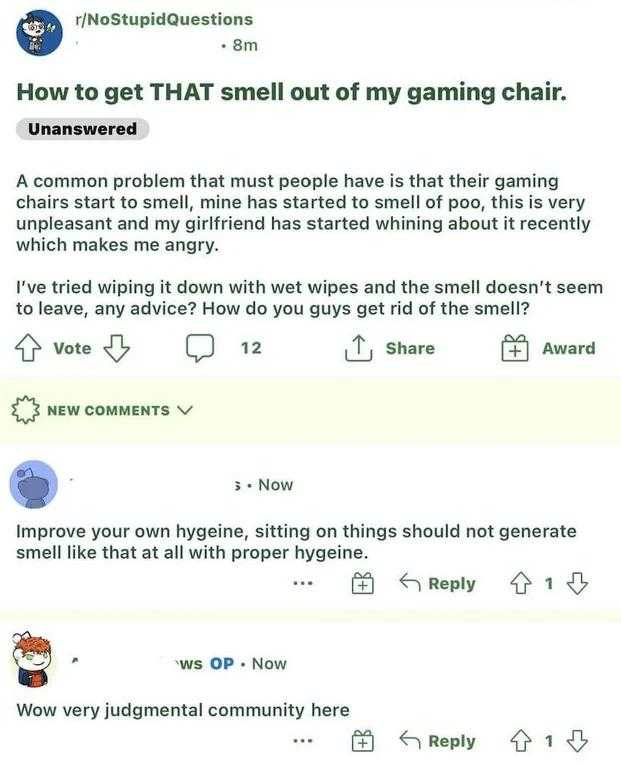 a screenshot of a tweet with a caption of a person saying how to get that smell out of my gaming chair