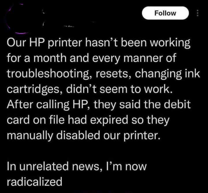 a screenshot of a text message from a man about the printer