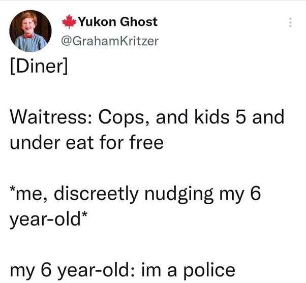 a screenshot of a twee with a caption of a kid and a police officer