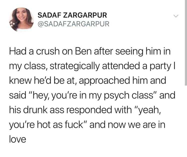 a woman is on twitter saying that she had crush on ben after seeing him in class