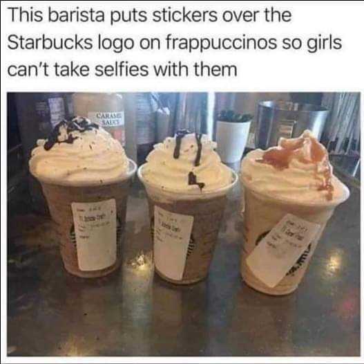 three starbucks cups with whipped cream and a sticker on them