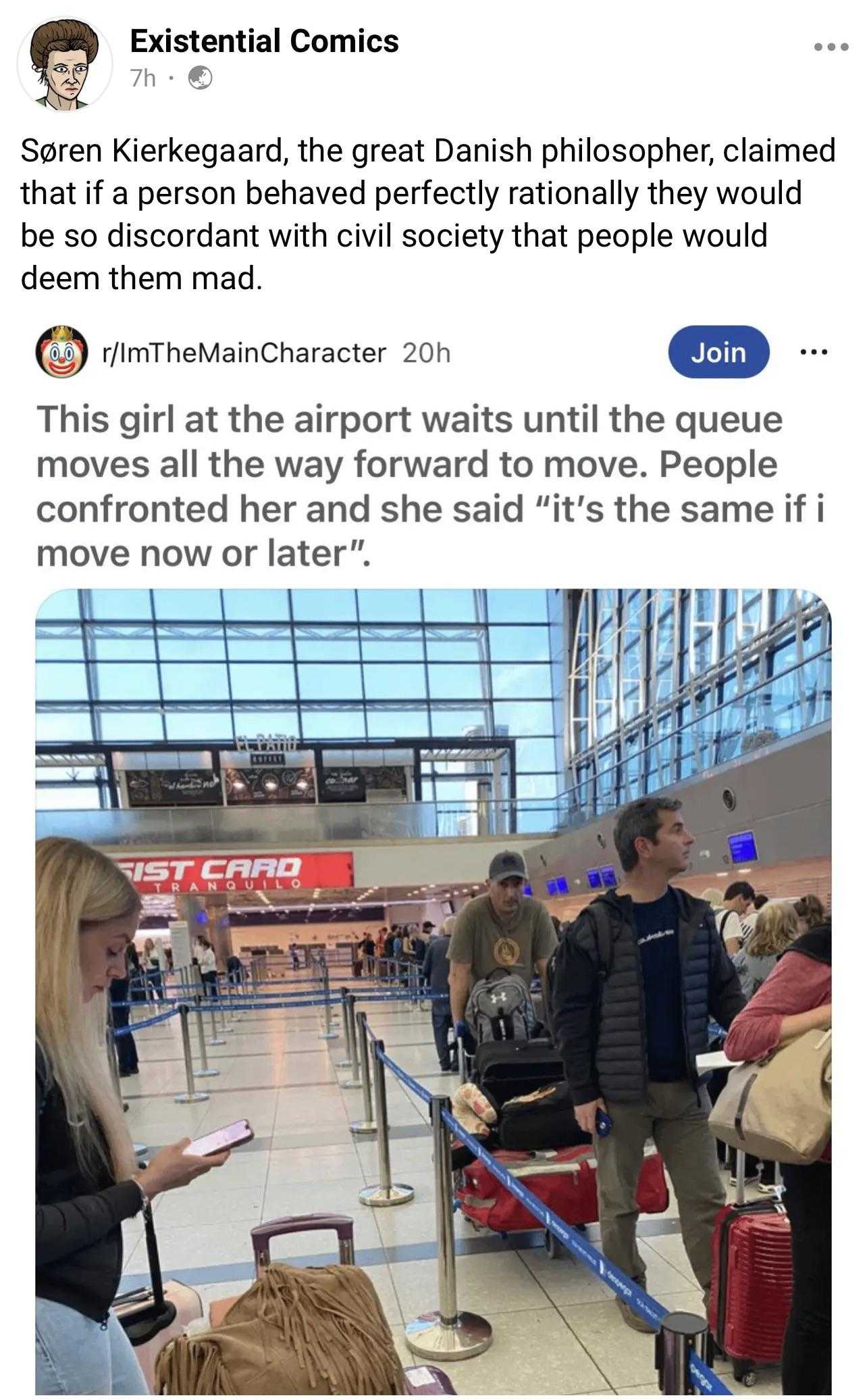 a screenshot of a woman standing in an airport with a man standing next to her