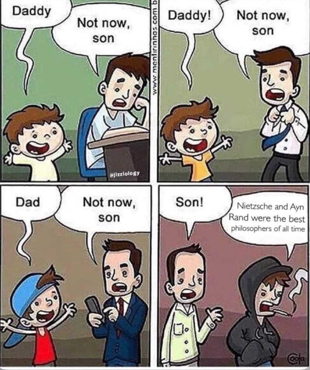 cartoon of dad and son talking to each other about their son