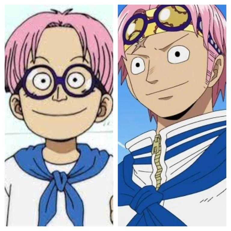 two pictures of a man with pink hair and glasses and a woman with pink hair