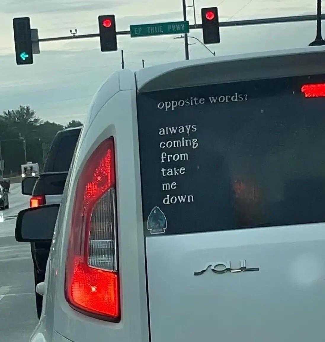 cars stopped at a traffic light with a sign that says opposite words