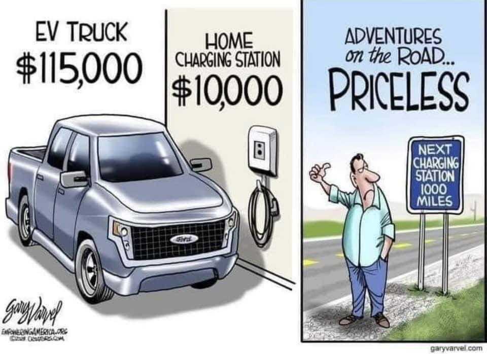 cartoon of a man standing next to a truck with a charge station on the road