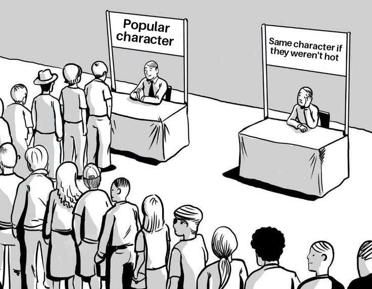 cartoon of a crowd of people standing around a table with a sign that says popular character