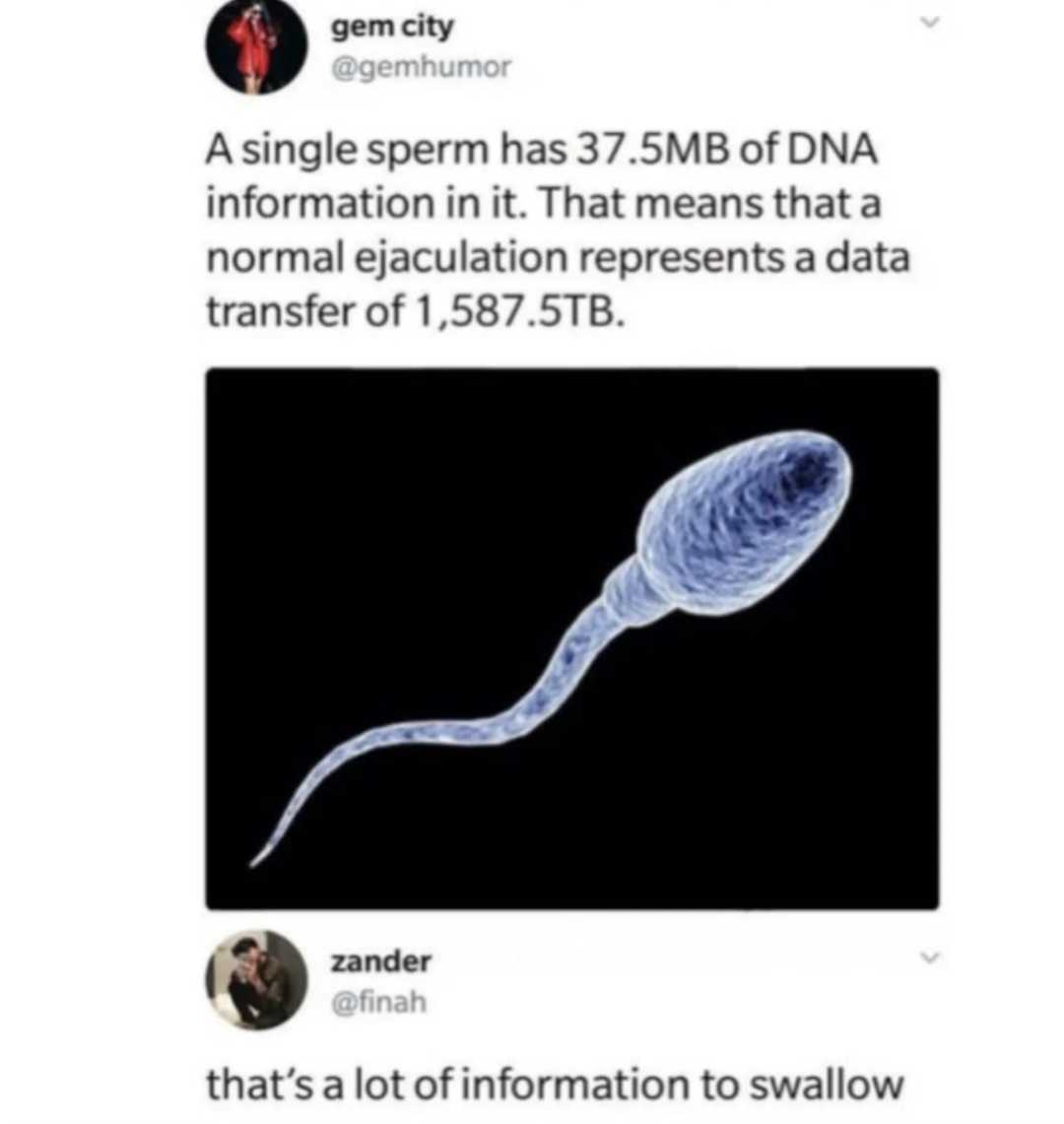 a tweet with a picture of a single sperm and a caption of a man