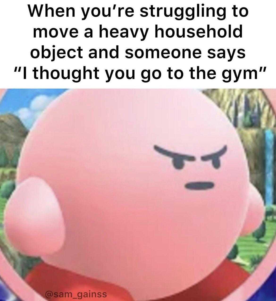 a cartoon picture of a pink pig with a caption saying when you ' re struggling to move a heavy